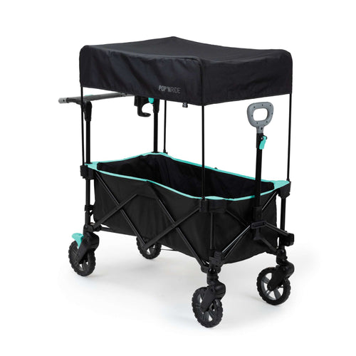 Ingenuity Pop 'N Ride stroller wagon with adjustable handles, removable canopy, and cushioned seats for two children