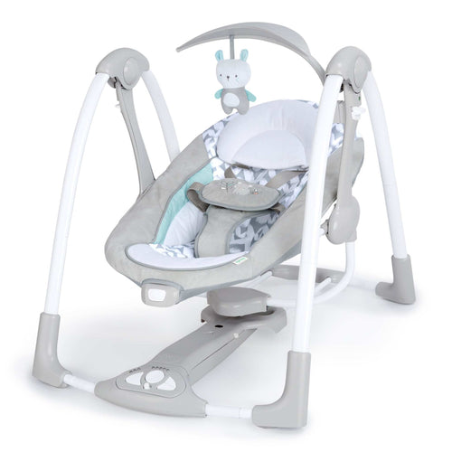 Ingenuity ConvertMe Swing-2-Seat portable baby swing with foldable design and plush bear toy